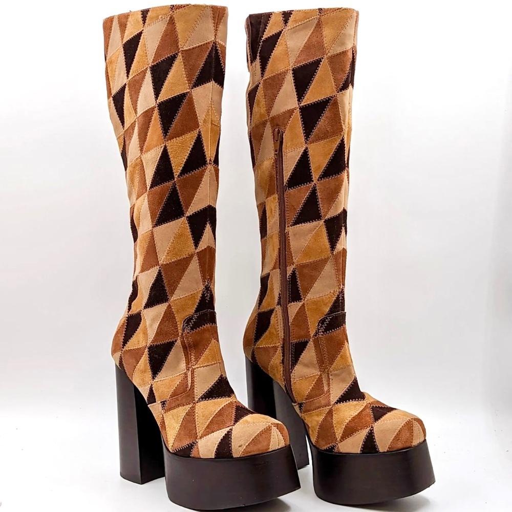 Jeffrey Campbell Hey Joe Patchwork Suede Brown Knee High Platform Boots